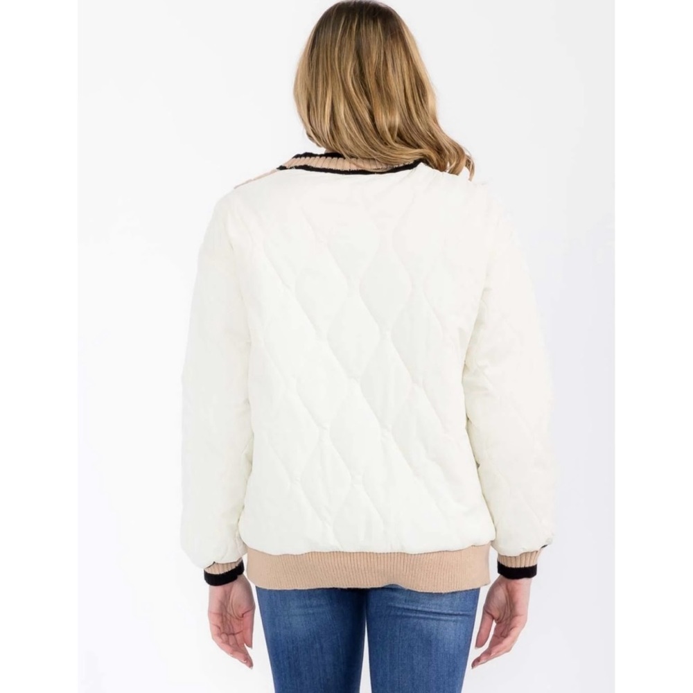 POLAGRAM Women's Braided Harmony Button Quilted Cardigan Bomber Jacket Beige Tan - Picture 2 of 10